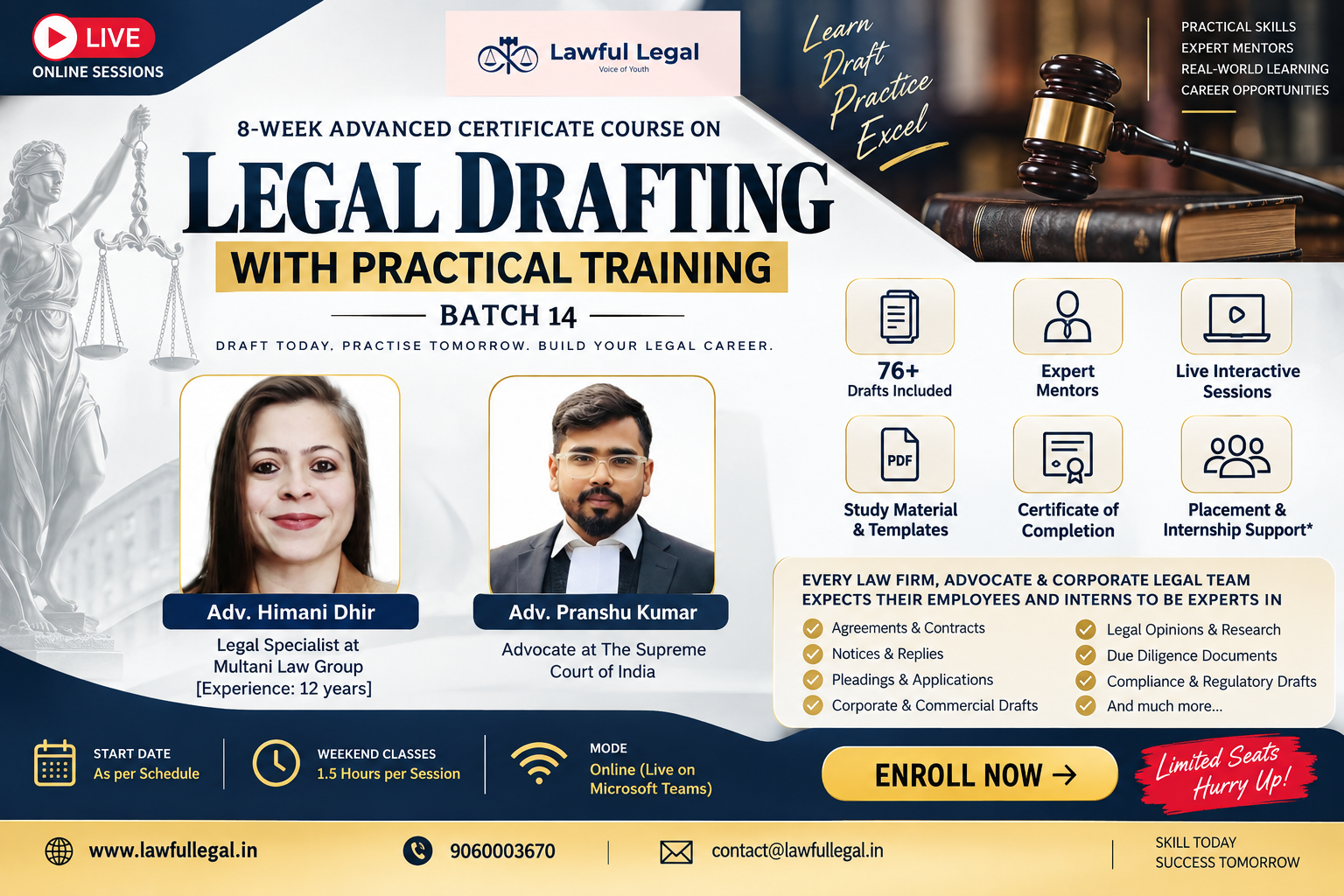 8-week Advanced Certificate Course on Legal Drafting with Practical Training (Batch 14) Lawful Legal [Included 76 drafts]: Enroll by 25 Sept 2026